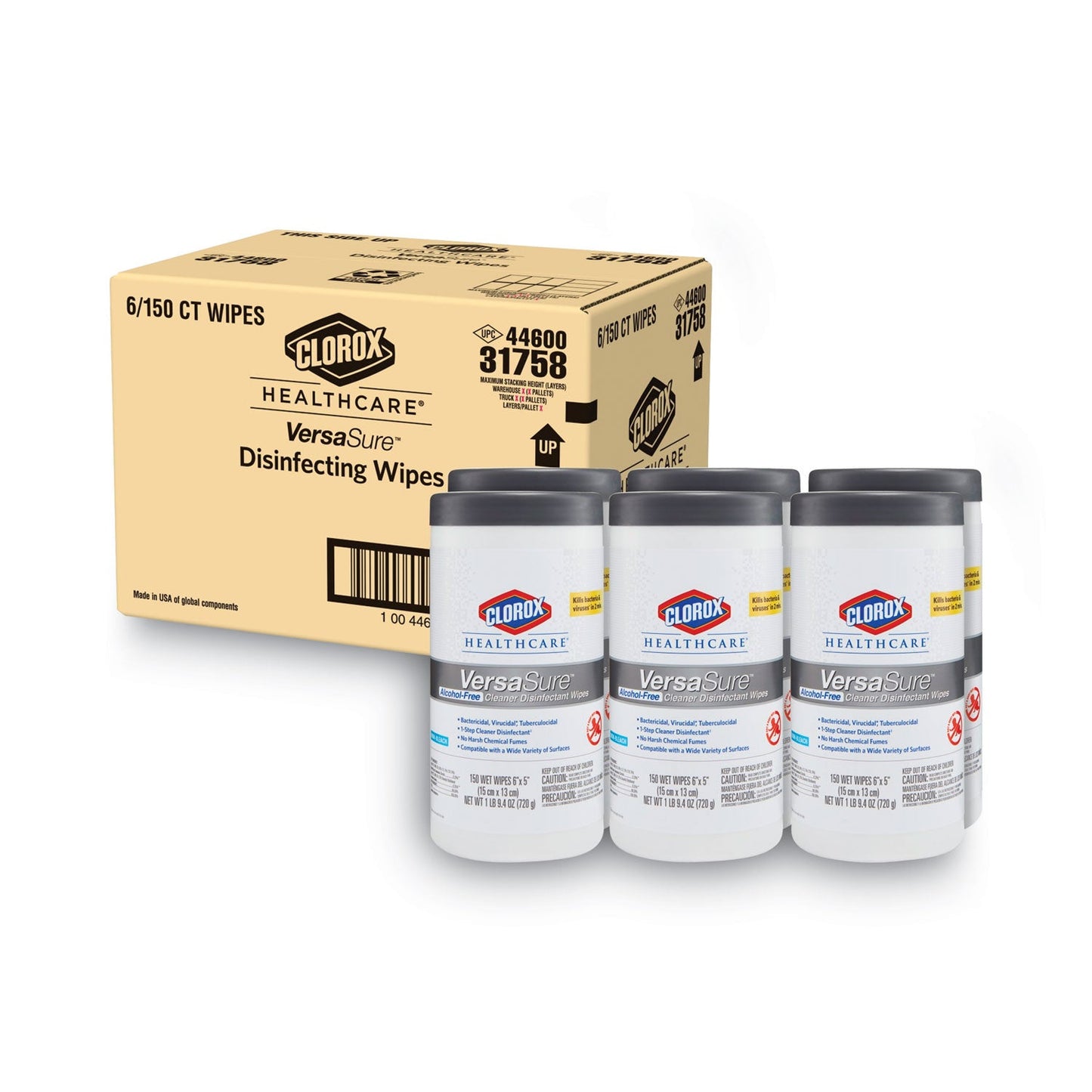 Clorox VersaSure Cleaner Disinfectant Wipes, 1-Ply, 6.75 x 8, White, 150/Canister, 6 Canisters/Carton