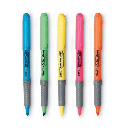 BIC Brite Liner Grip Pocket Highlighter, Assorted Ink Colors, Chisel Tip, Assorted Barrel Colors, 5/Set