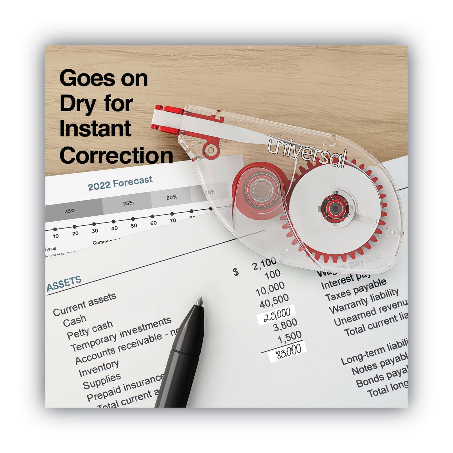 Universal Side-Application Correction Tape, Transparent Red Applicator, 0.2" x 393", 6/Pack