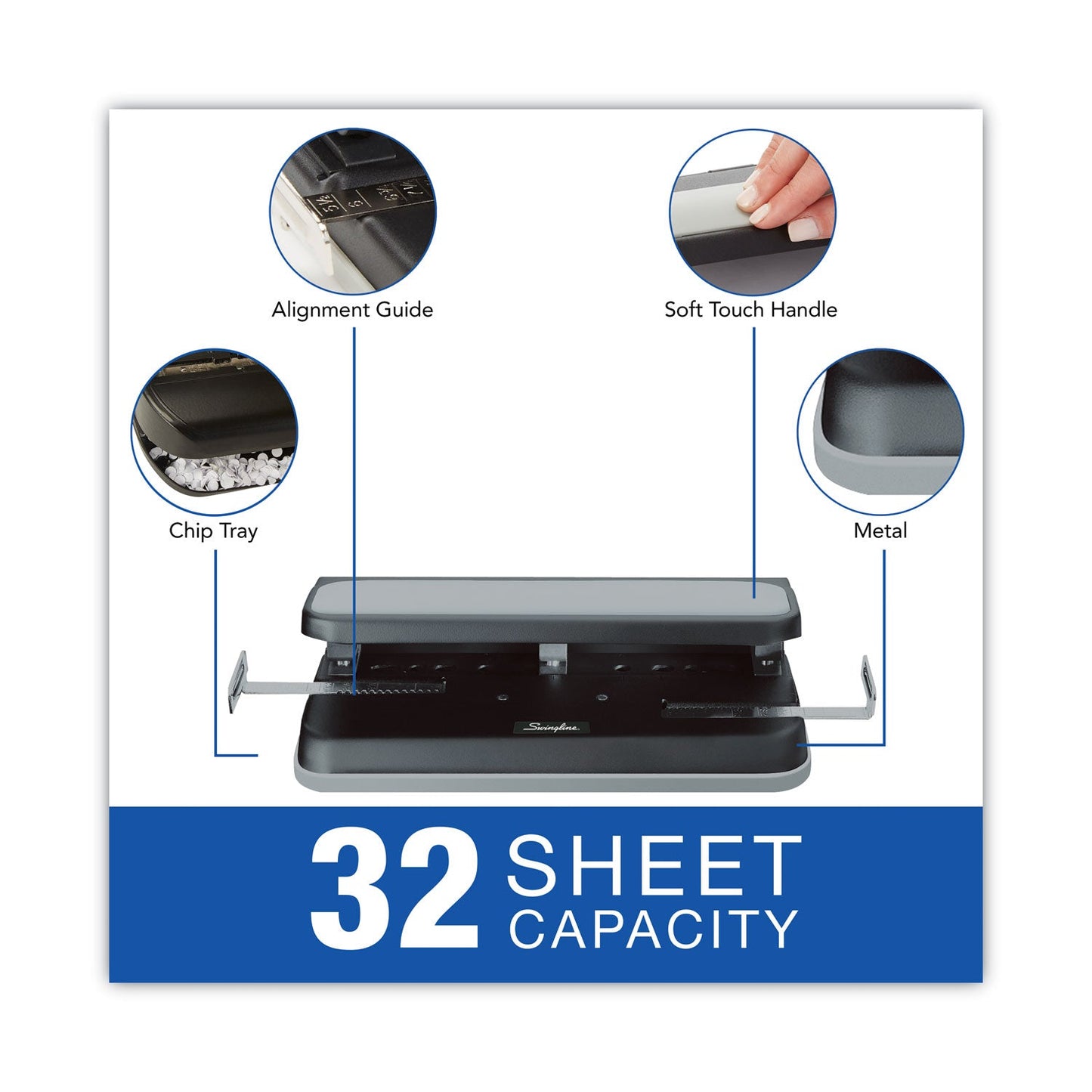 Swingline 32-Sheet Easy Touch Two- to Three-Hole Punch with Cintamatic Centering, 9/32" Holes, Black/Gray