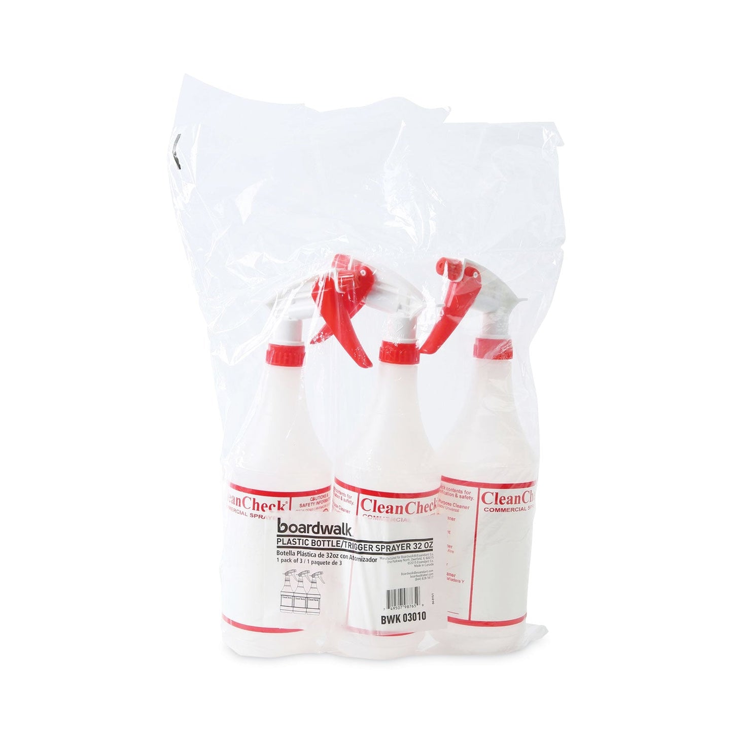 Boardwalk Trigger Spray Bottle, 32 oz, Clear/Red, HDPE, 3/Pack