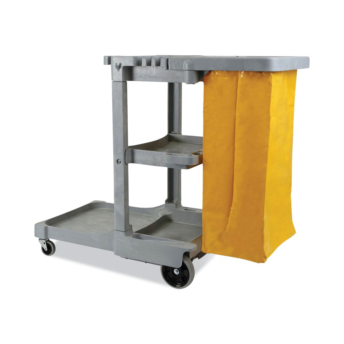 Boardwalk Janitor's Cart, Plastic, 4 Shelves, 1 Bin, 22" x 44" x 38", Gray