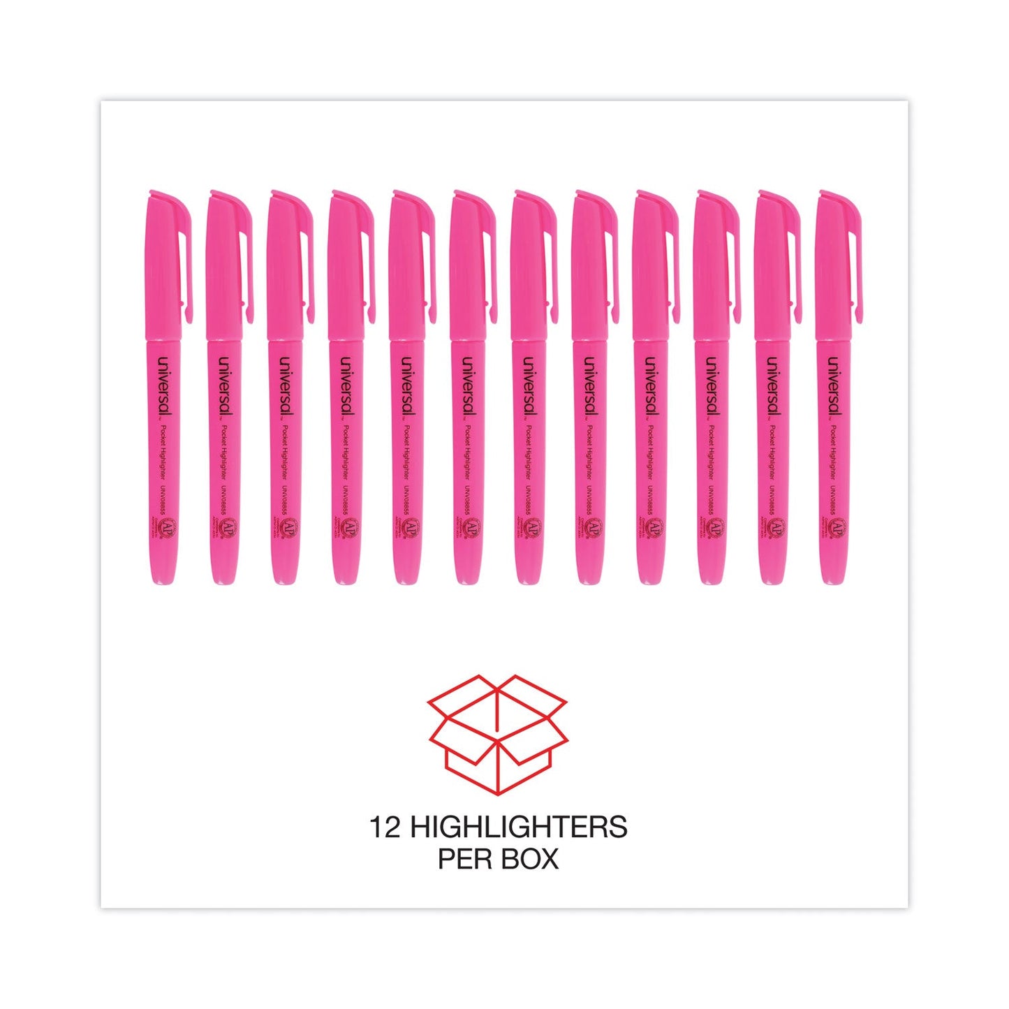 Universal Pocket Highlighters, Fluorescent Pink Ink, Chisel Tip, Pink Barrel, Dozen
