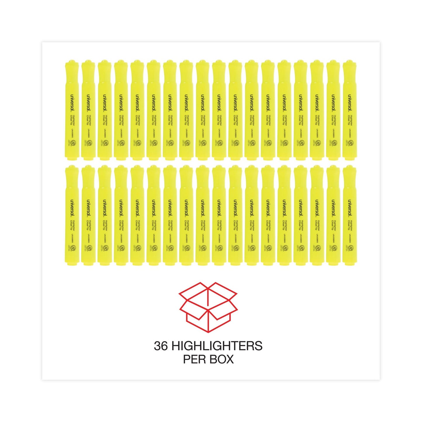 Universal Desk Highlighter Value Pack, Fluorescent Yellow Ink, Chisel Tip, Yellow Barrel, 36/Pack