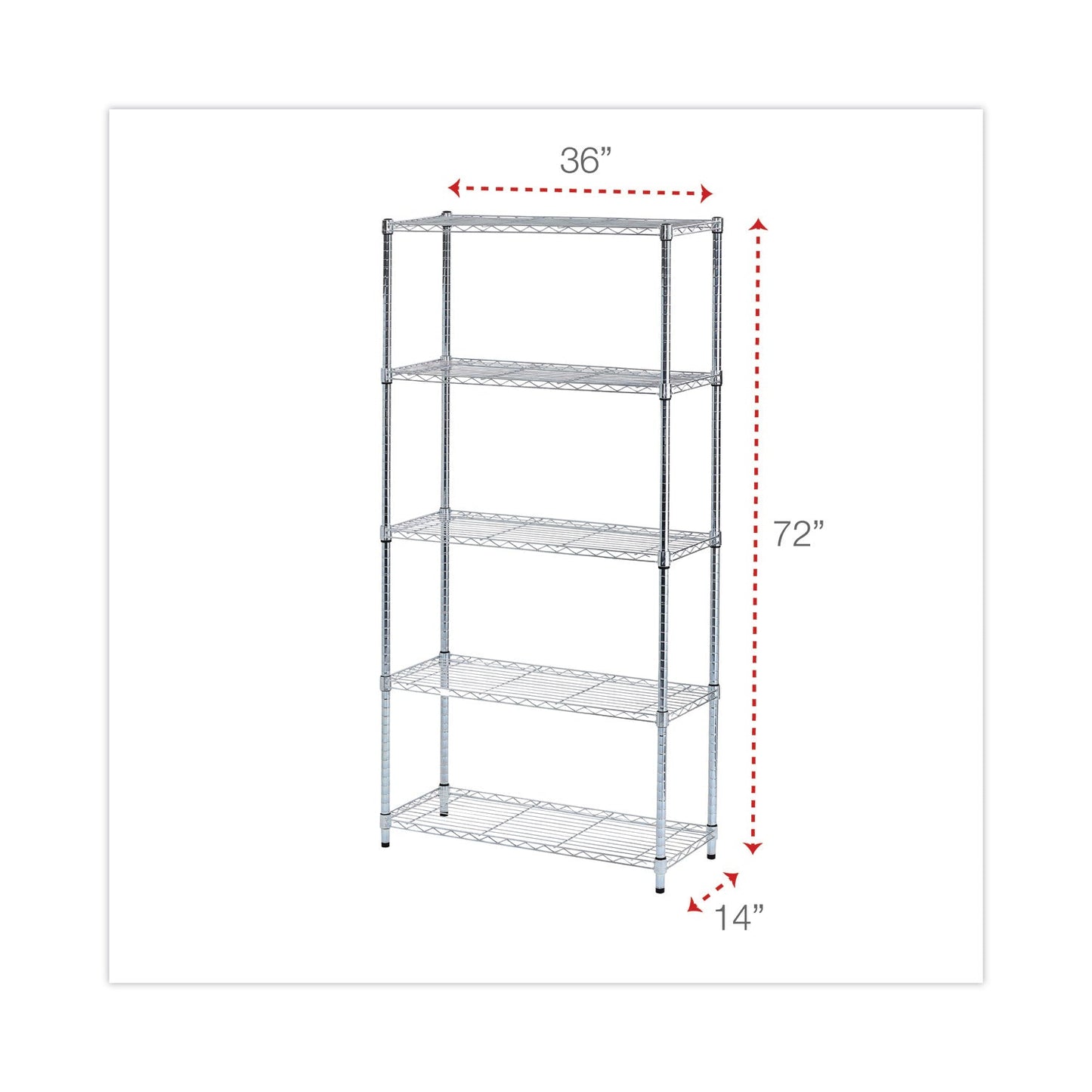 Alera Residential Wire Shelving, Five-Shelf, 36w x 14d x 72h, Silver