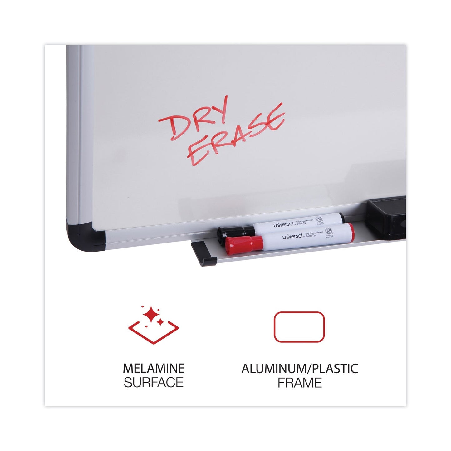 Universal Dry Erase Board, Melamine, 48 x 36, White, Black/Gray Aluminum/Plastic Frame