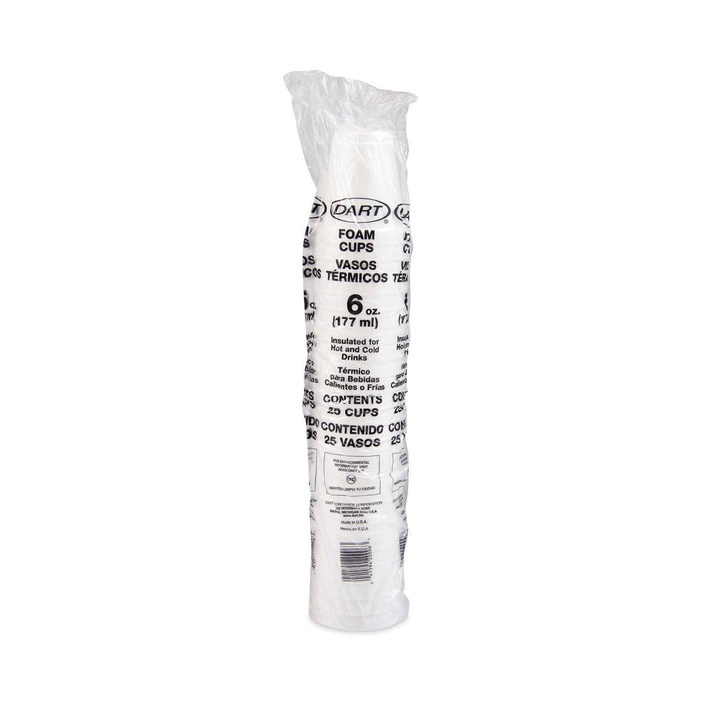 Dart Foam Drink Cups, 6 oz, White, 25/Bag, 40 Bags/Carton