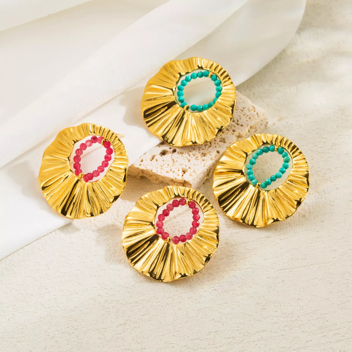 18K Gold-Plated Bead Round Earrings