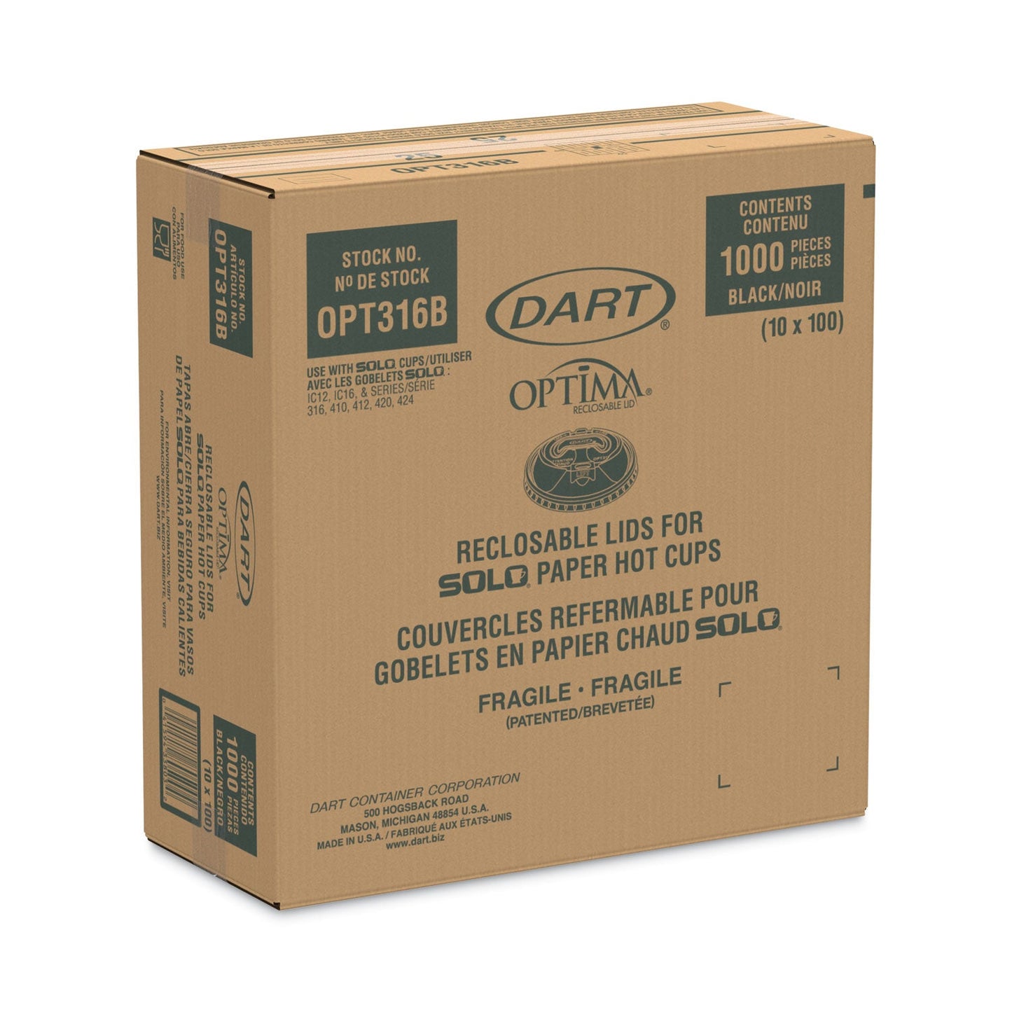 Dart Optima Reclosable Lids for Paper Hot Cups, Fits 10 oz to 24 oz Cups, Black, 1,000/Carton