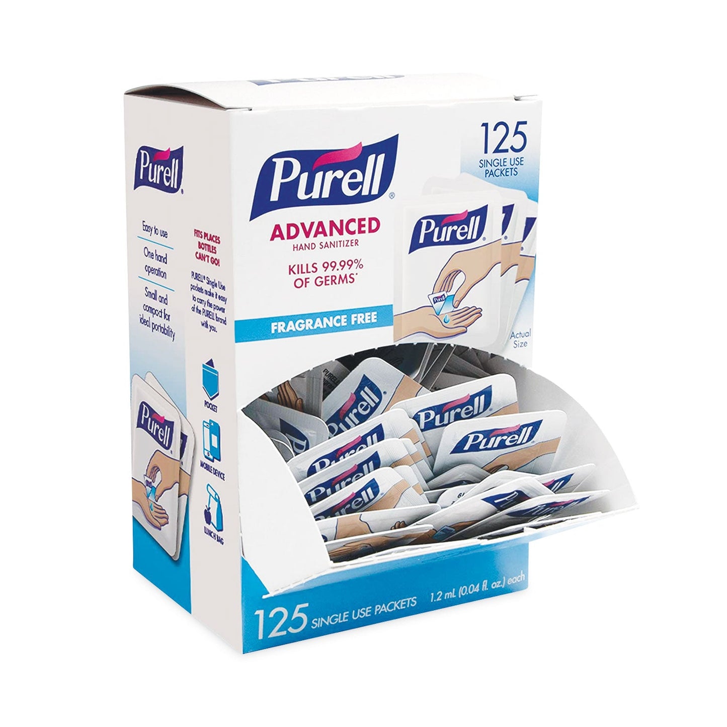 PURELL Single Use Advanced Gel Hand Sanitizer, 1.2 mL, Packet, Fragrance-Free, 125/Box
