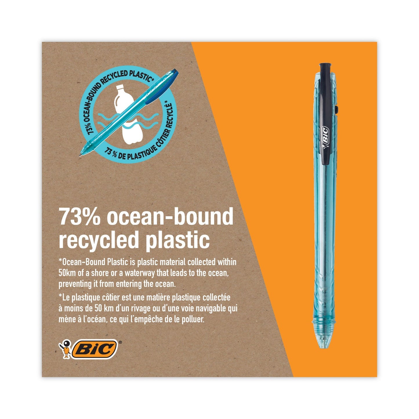 BIC ReVolution Ocean Bound Ballpoint Pen, Retractable, Medium 1 mm, Black Ink/Translucent Blue Barrel, Dozen