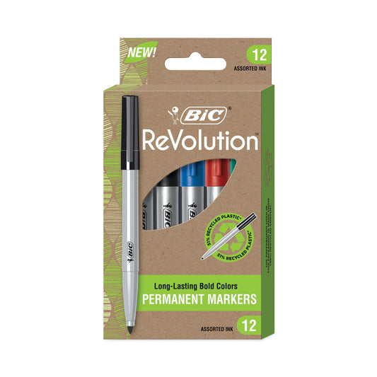 BIC ReVolution Permanent Markers, Fine Bullet Tip, Assorted Colors, Dozen