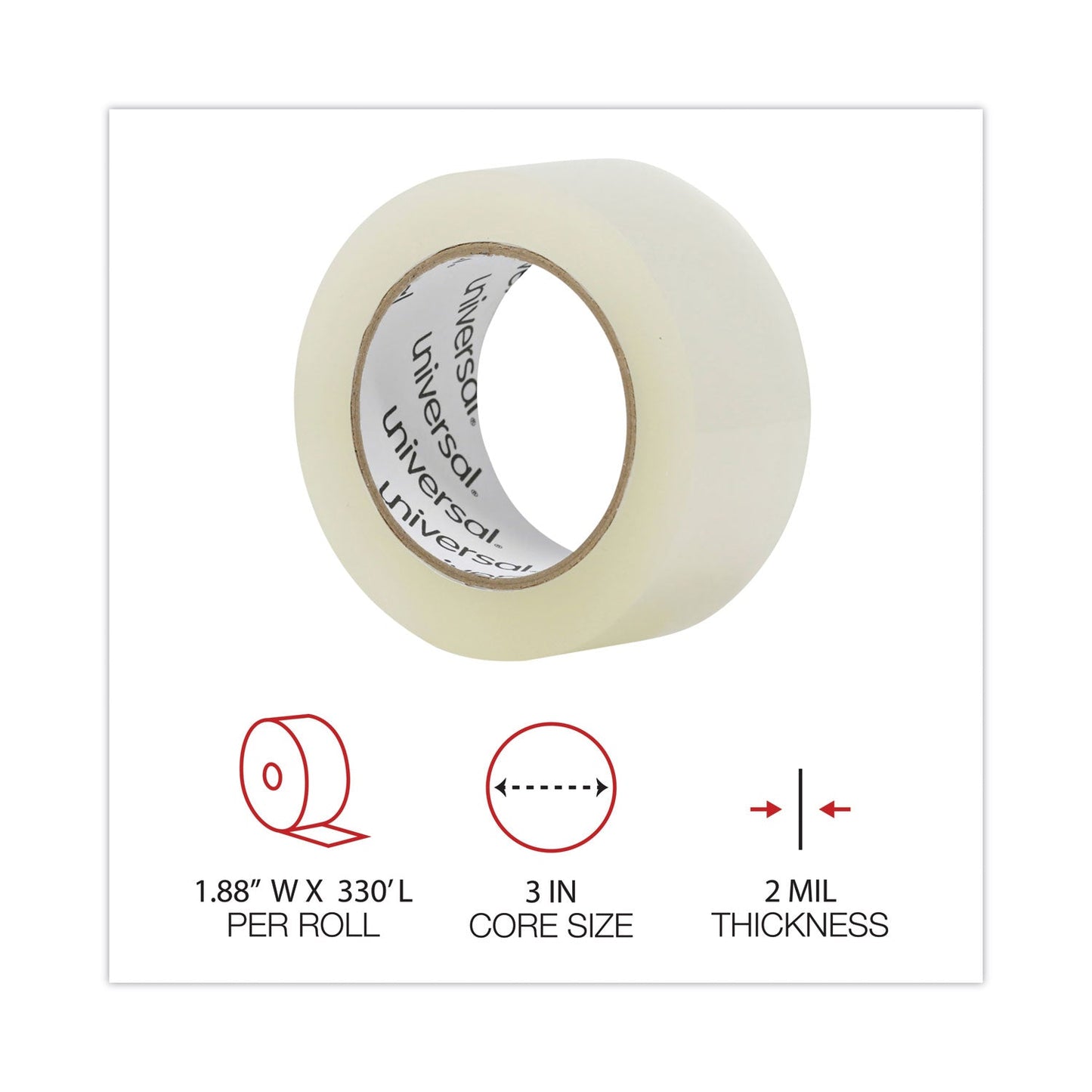Universal Quiet Tape Box Sealing Tape, 3" Core, 1.88" x 110 yds, Clear, 6/Pack