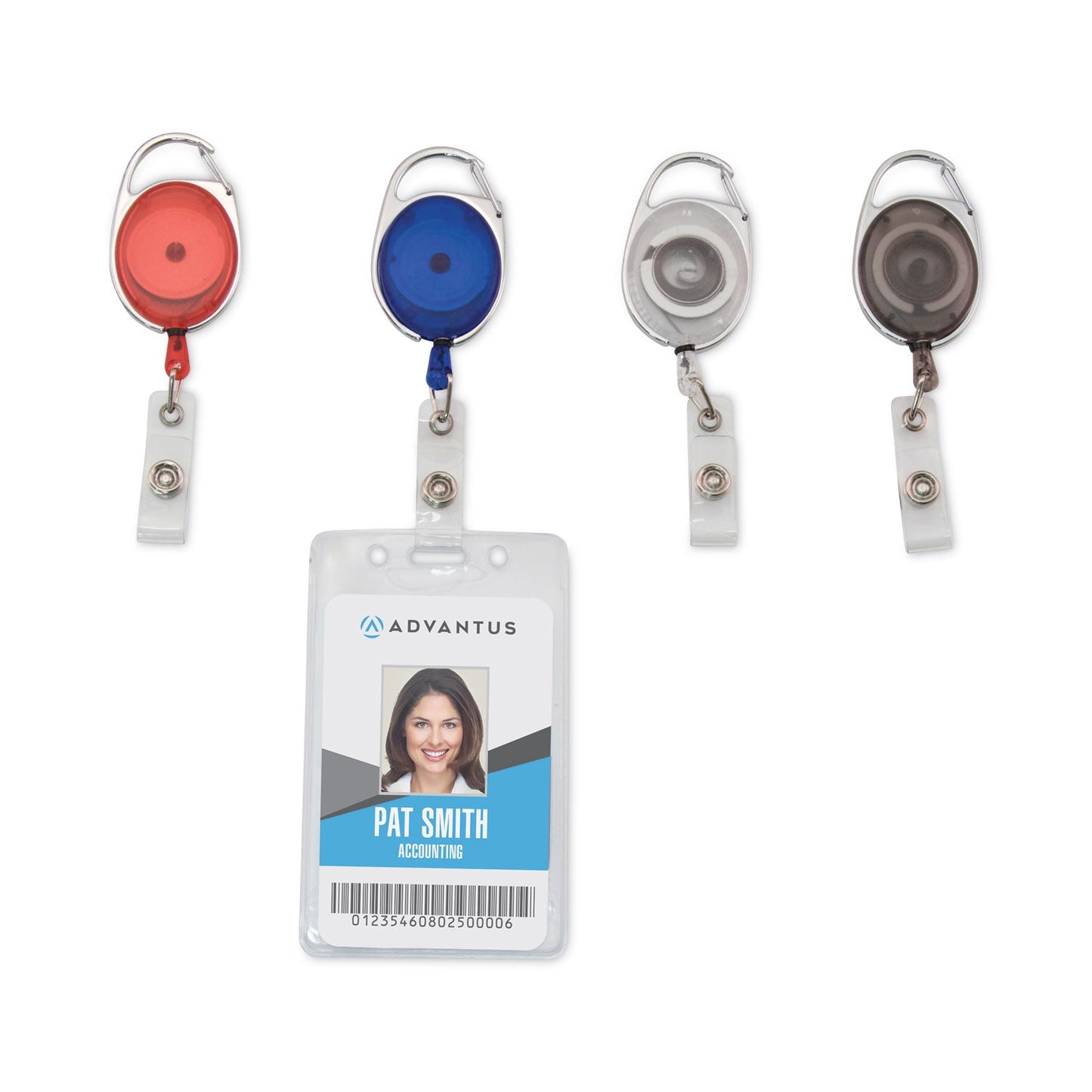 Advantus Carabiner-Style Retractable ID Card Reel, 30" Extension, Assorted Colors, 20/Pack