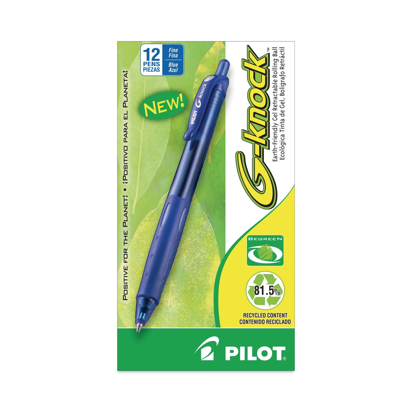 Pilot G-Knock BeGreen Gel Pen, Retractable, Fine 0.7 mm, Blue Ink, Blue Barrel, Dozen