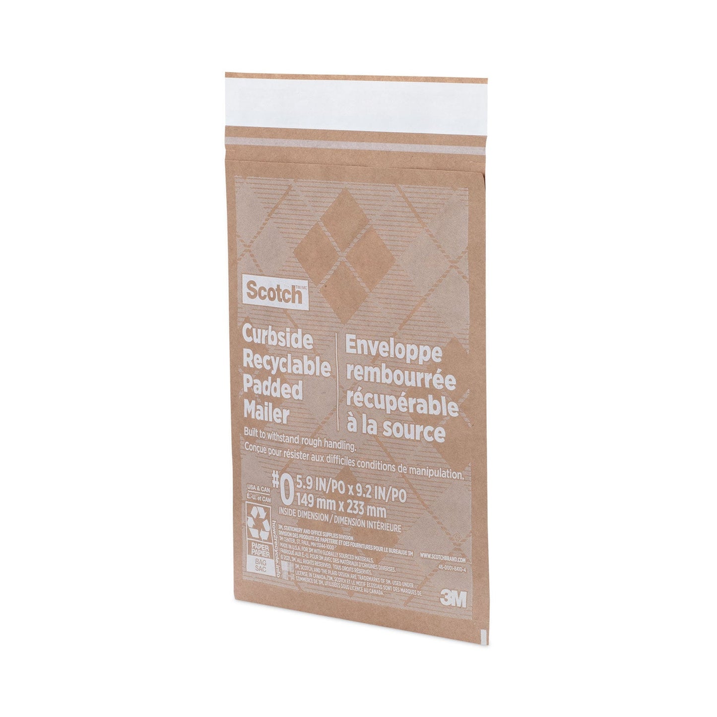 Scotch Curbside Recyclable Padded Mailer, #0, Bubble Cushion, Self-Adhesive Closure, 7 x 11.25, Natural Kraft, 100/Carton