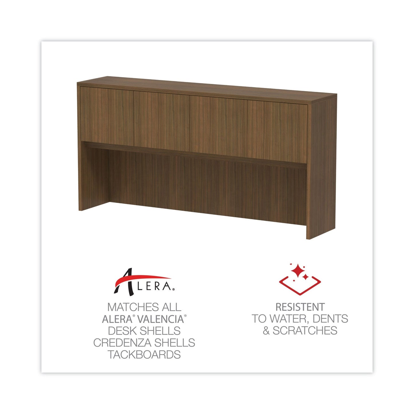 Alera Valencia Series Hutch with Doors, 4 Compartments, 70.63w x 15d x 35.38h, Modern Walnut