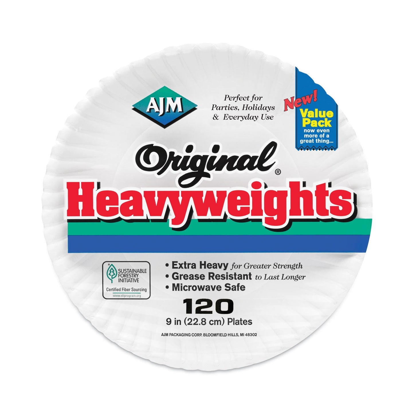 AJM Packaging Corporation Gold Label Coated Paper Plates, 9" dia, White, 120/Pack, 8 Packs/Carton