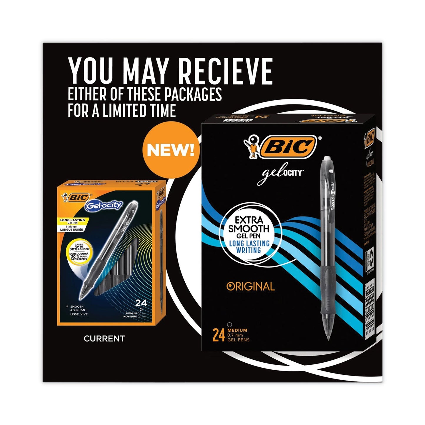 BIC Gel-ocity Gel Pen Value Pack, Retractable, Medium 0.7 mm, Black Ink, Black Barrel, 24/Pack