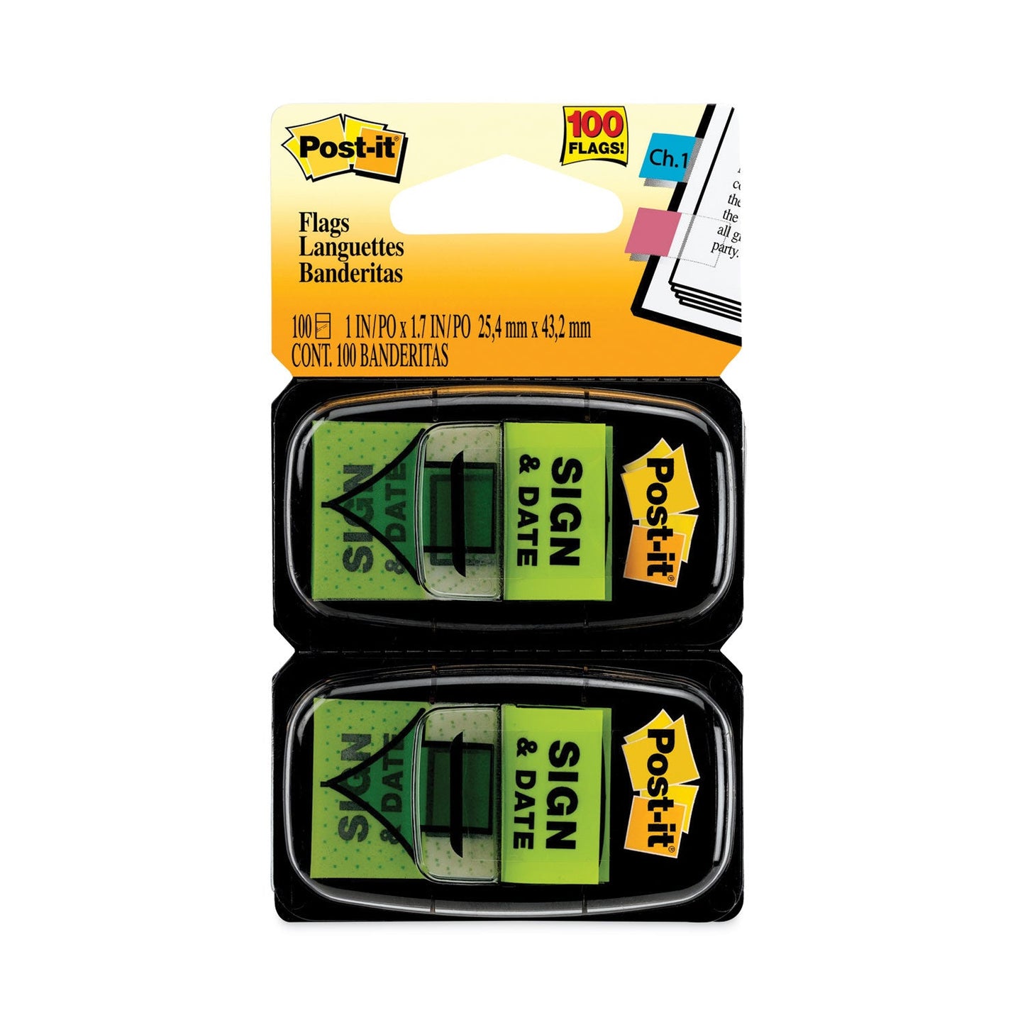 Post-it Arrow Message 1" Page Flags, "Sign and Date", Green, 50 Flags/Dispenser, 2 Dispensers/Pack