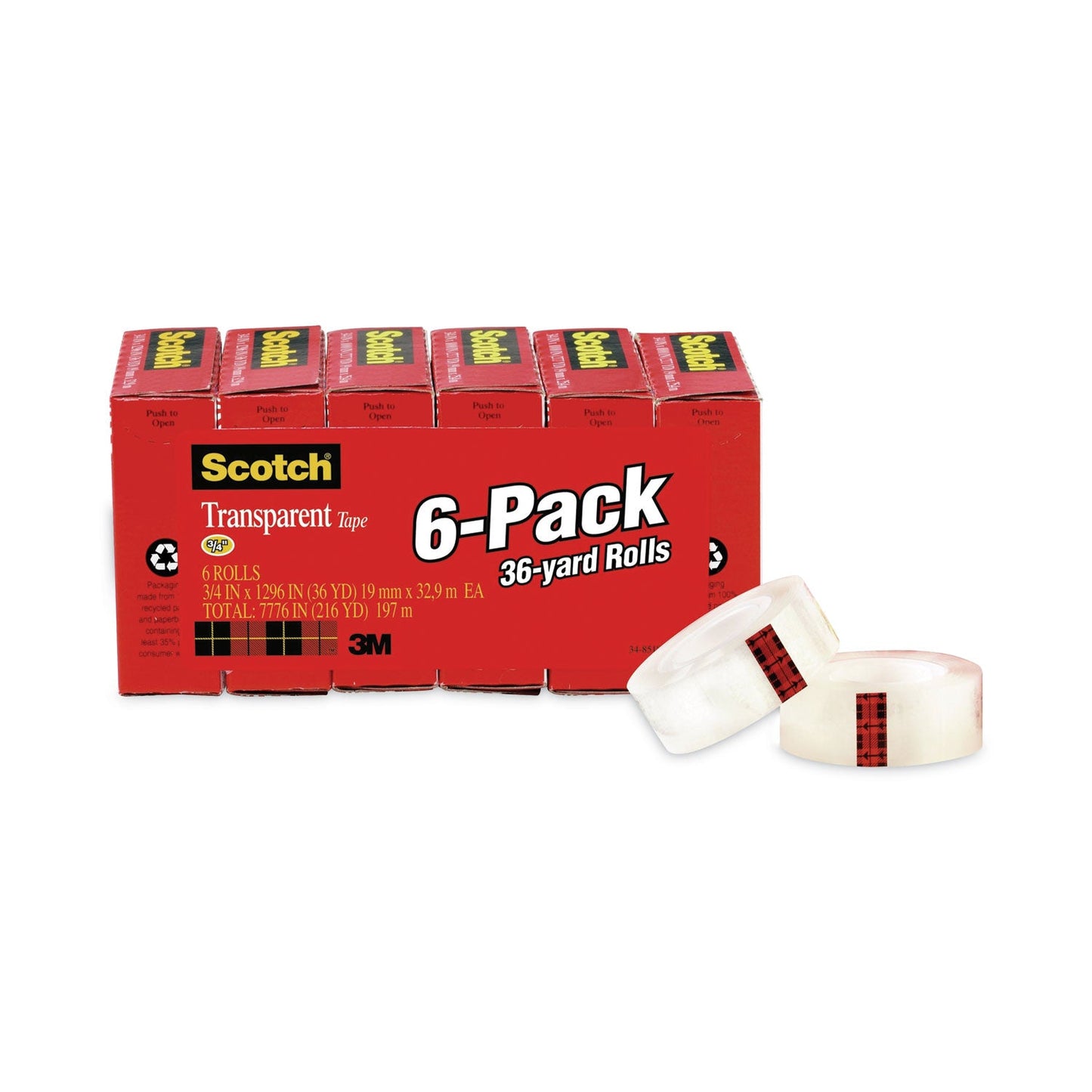 Scotch Transparent Tape, 1" Core, 0.75" x 36 yds, Transparent, 6/Pack