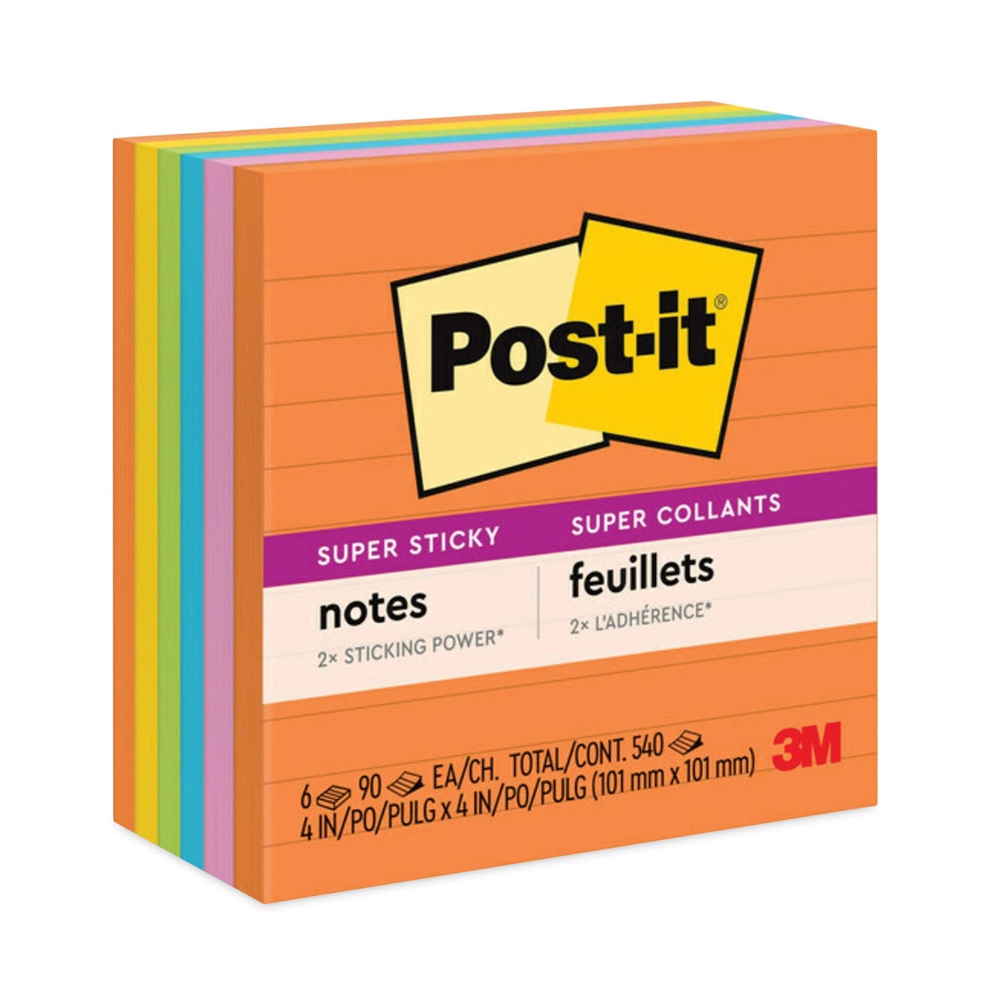 Post-it Pads in Energy Boost Collection Colors, Note Ruled, 4" x 4", 90 Sheets/Pad, 6 Pads/Pack