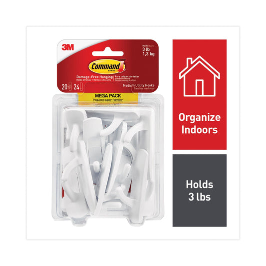 Command General Purpose Hooks, Medium, 3 lb Cap, White, 20 Hooks and 24 Strips/Pack