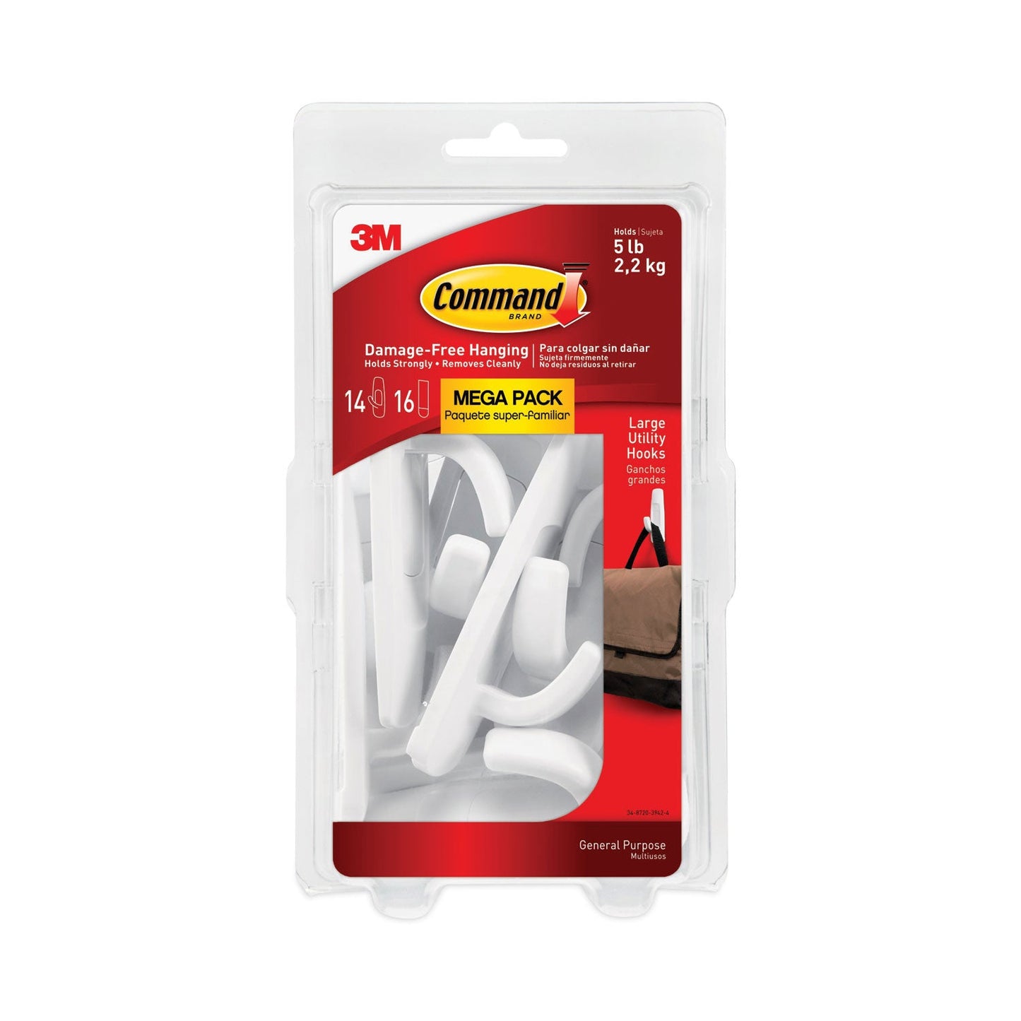 Command General Purpose Hooks, Large, 5 lb Cap, White, 14 Hooks and 16 Strips/Pack