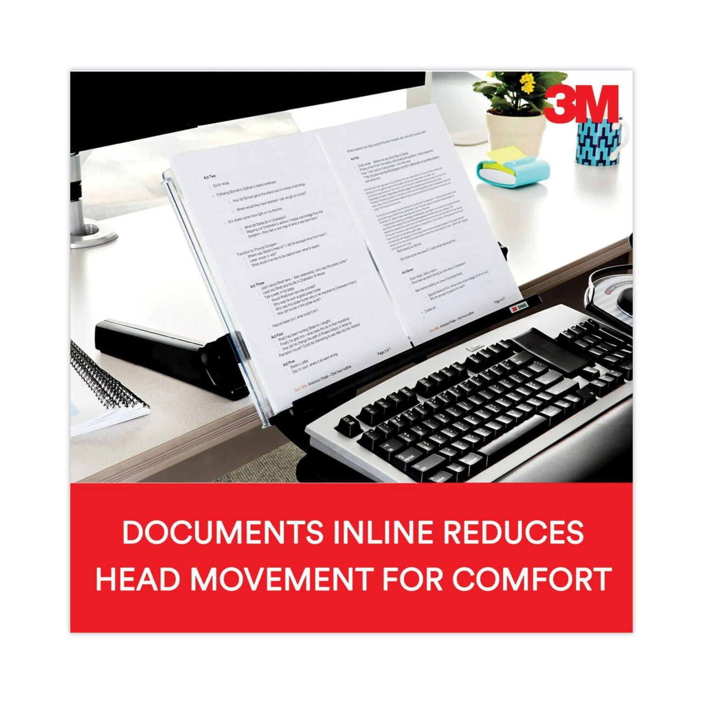 3M In-Line Freestanding Copyholder, 300 Sheet Capacity, Plastic, Black/Clear