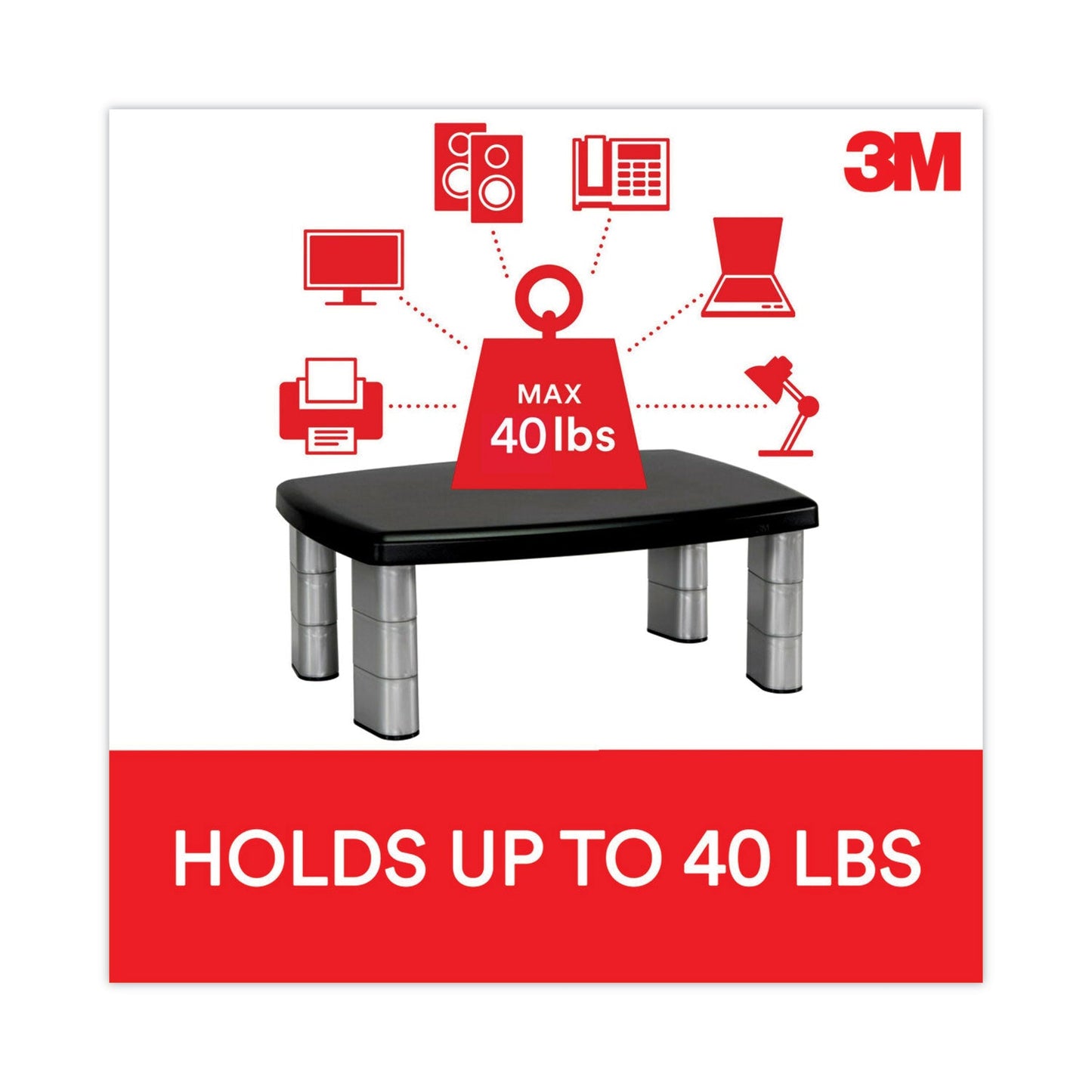 3M Extra-Wide Adjustable Monitor Stand, 20" x 12" x 1" to 5.78", Silver/Black, Supports 40 lbs