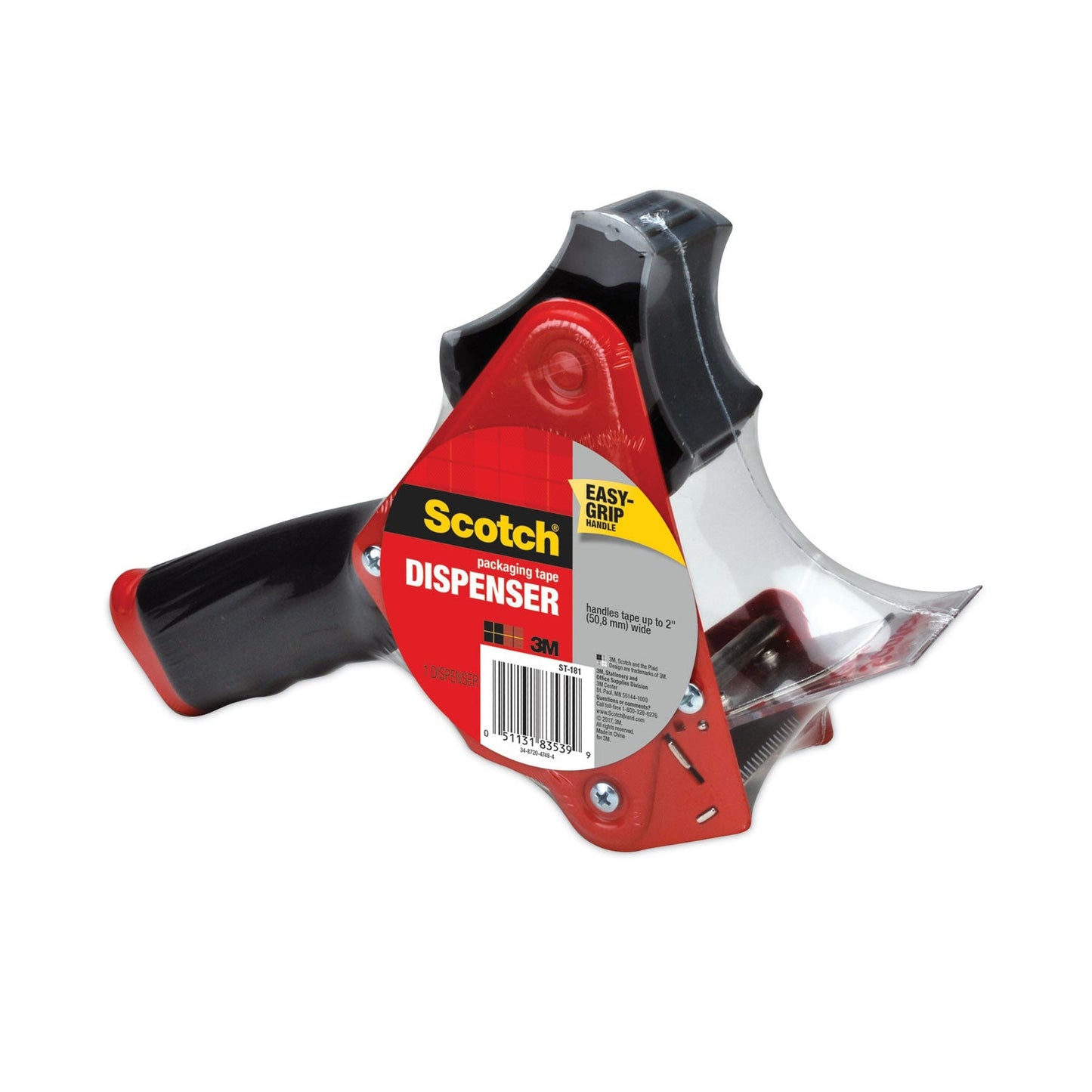 Scotch Pistol Grip Packaging Tape Dispenser, 3" Core, For Rolls Up to 2" x 60 yds, Red