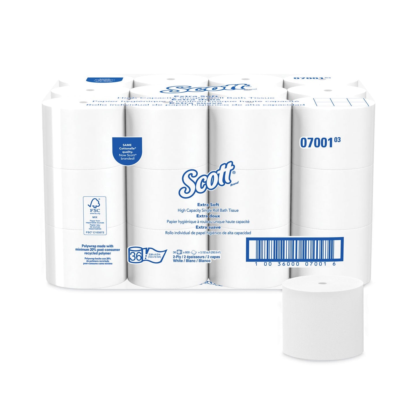Scott Essential Extra Soft Coreless Standard Roll Bath Tissue, Septic Safe, 2-Ply, White, 800 Sheets/Roll, 36 Rolls/Carton