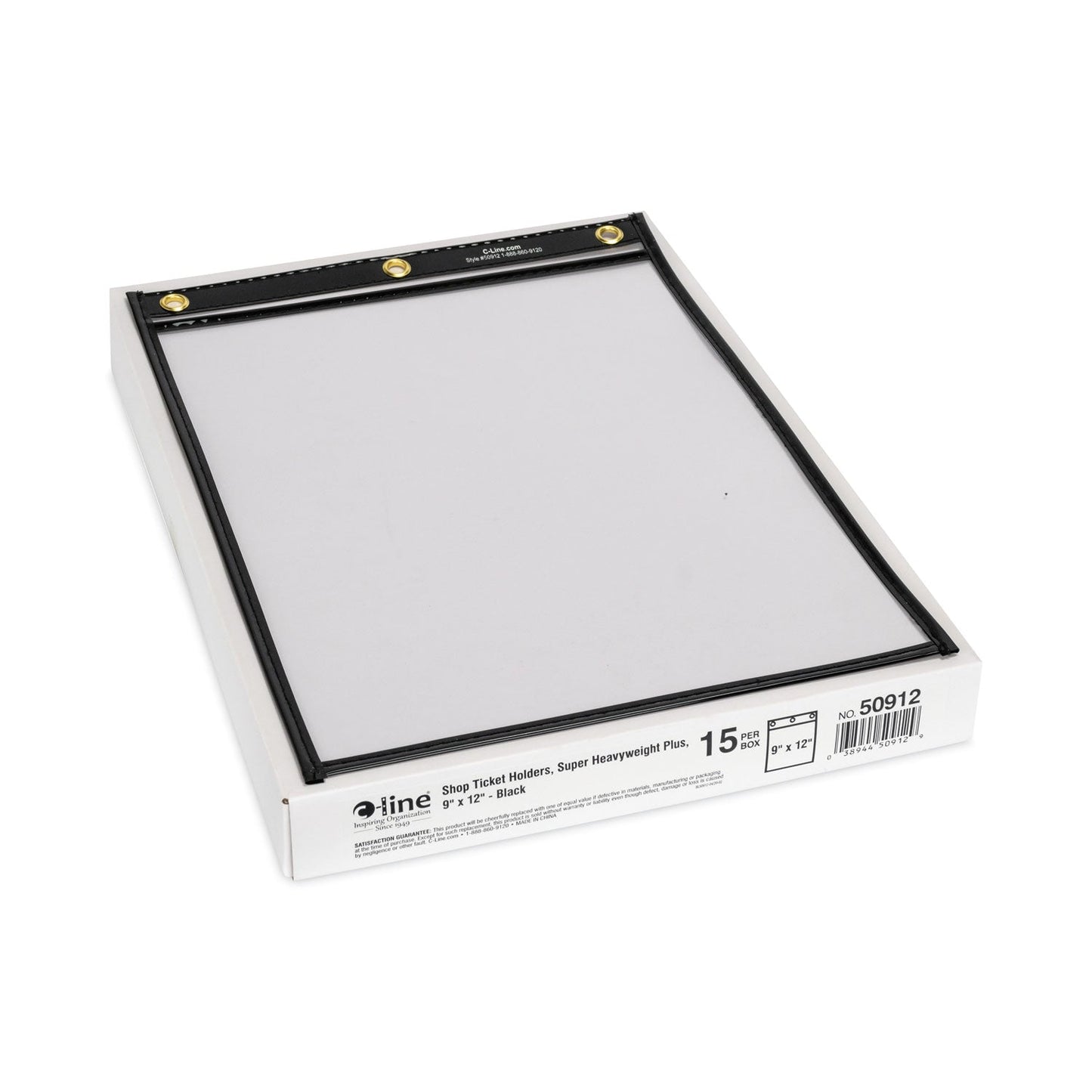 C-Line Heavy-Duty Super Heavyweight Plus Stitched Shop Ticket Holders, Clear/Black, 9 x 12, 15/Box
