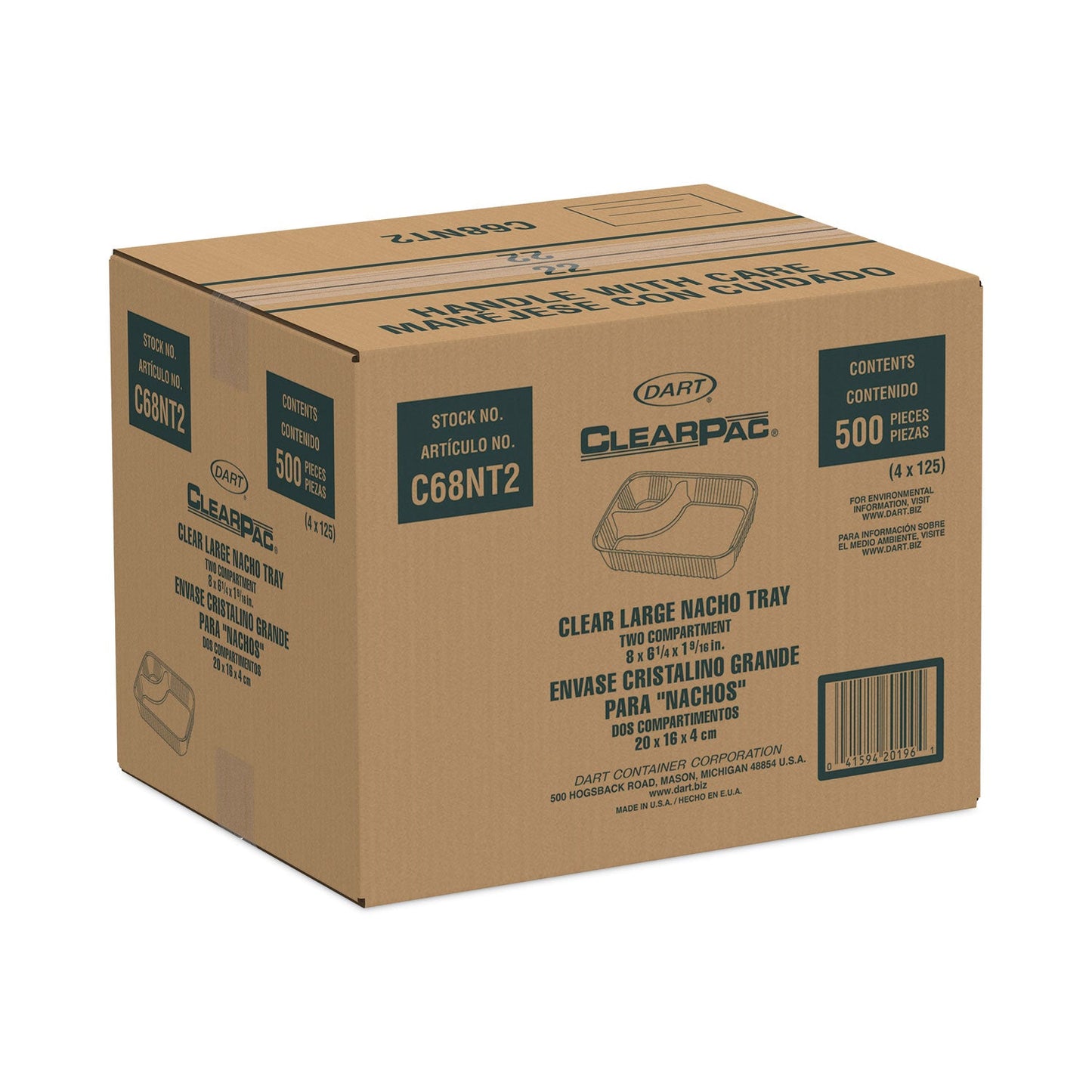 Dart ClearPac Large Nacho Tray, 2-Compartments, 3.3 oz, 6.2 x 6.2 x 1.6, Clear, Plastic, 500/Carton