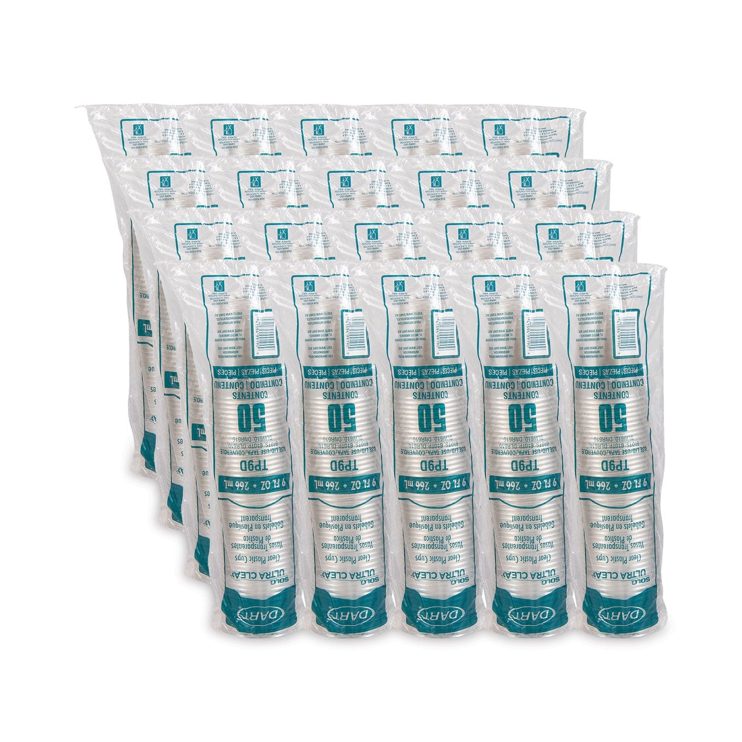 Dart Ultra Clear PET Cups, 9 oz, Tall, 50/Bag, 20 Bags/Carton