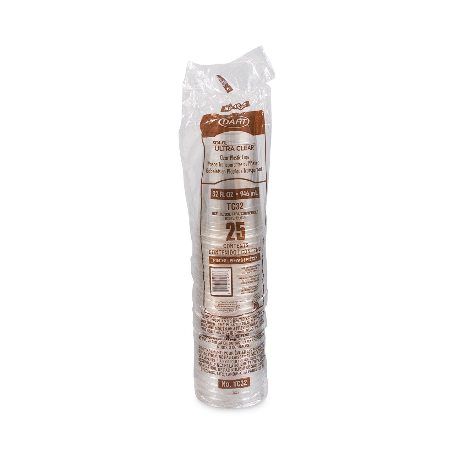 Dart Ultra Clear PETE Cold Cups, 32 oz, Clear, 300/Carton
