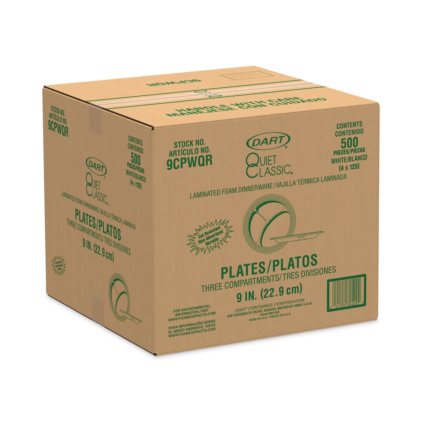 Dart Laminated Foam Plates, 3-Compartment, 9" dia, White, 125/Pack, 4 Packs/Carton