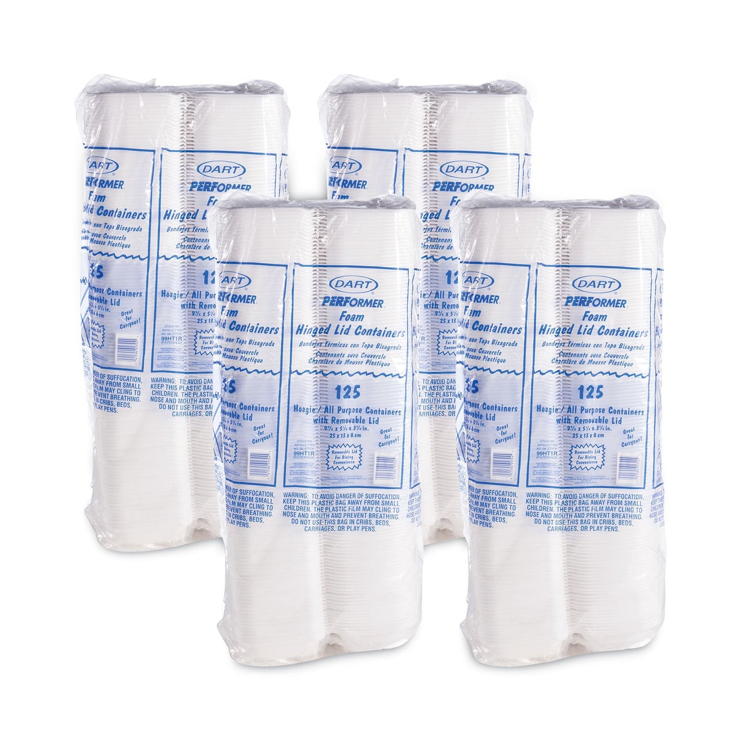 Dart Foam Hinged Lid Container, Hoagie Container with Removable Lid, 5.3 x 9.8 x 3.3, White, 125/Bag, 4 Bags/Carton