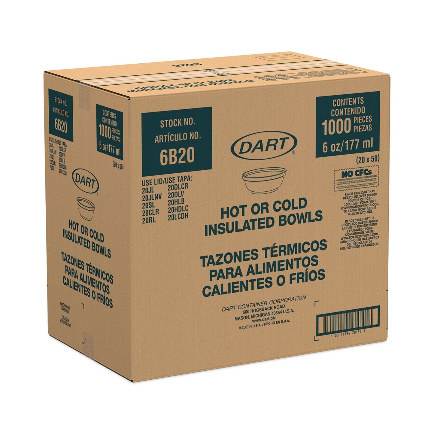 Dart Insulated Foam Bowls, 6 oz, White, 50/Pack, 20 Packs/Carton