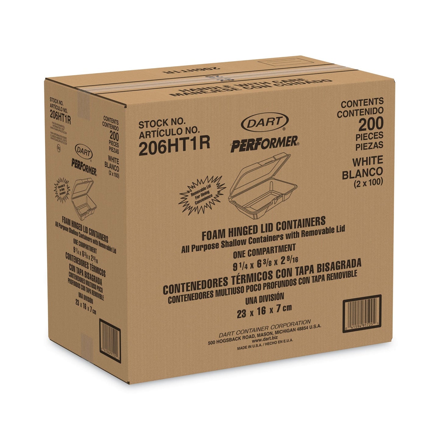 Dart Foam Hinged Lid Containers, 6.4 x 9.3 x 2.6, White, 200/Carton