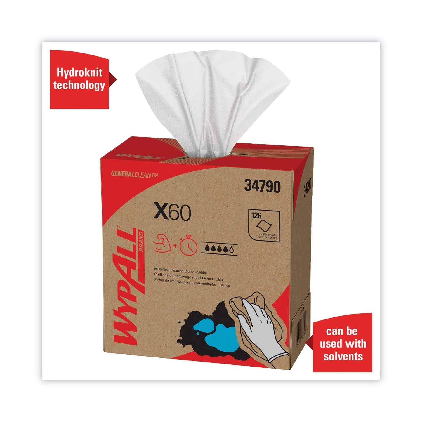 WypAll General Clean X60 Cloths, POP-UP Box, 9.1 x 16.8, White, 126/Box, 10 Boxes/Carton