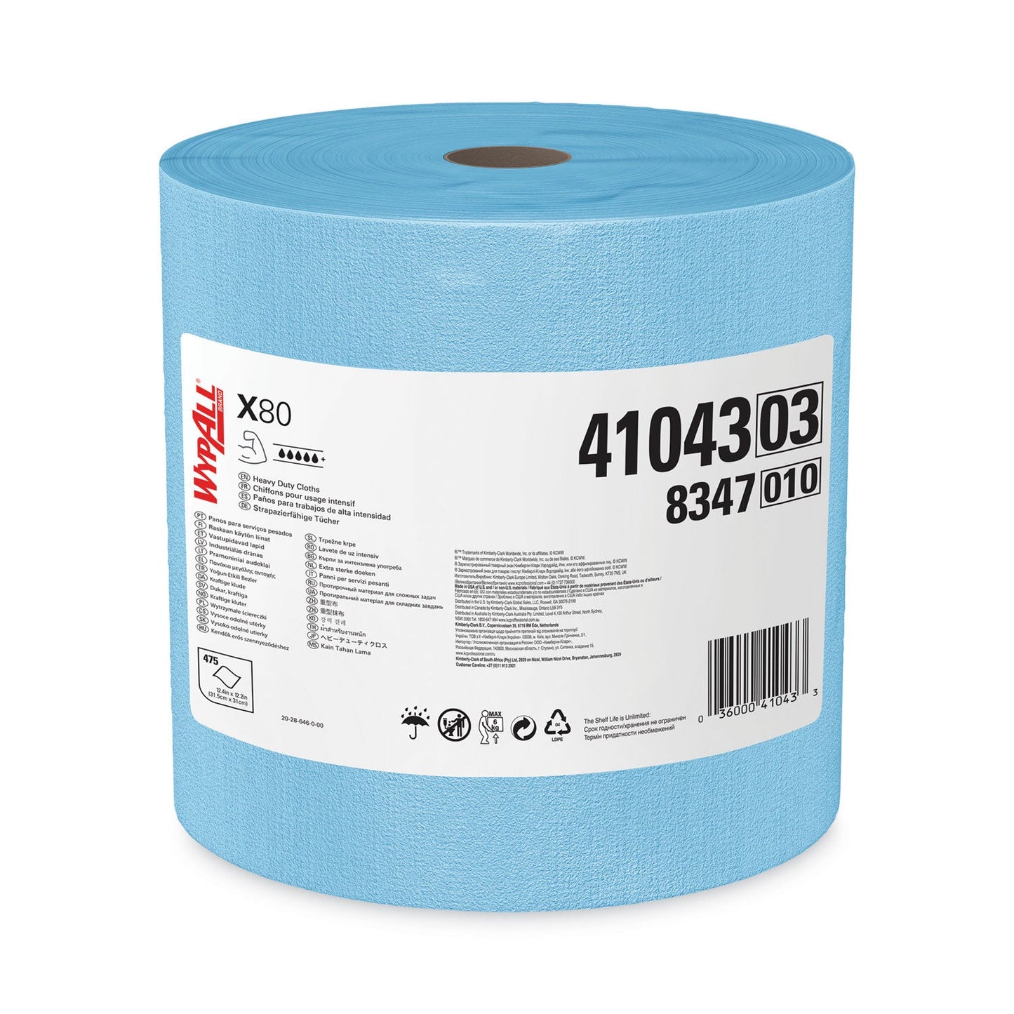 WypAll Power Clean X80 Heavy Duty Cloths, Jumbo Roll, 12.4 x 12.2, Blue, 475/Roll