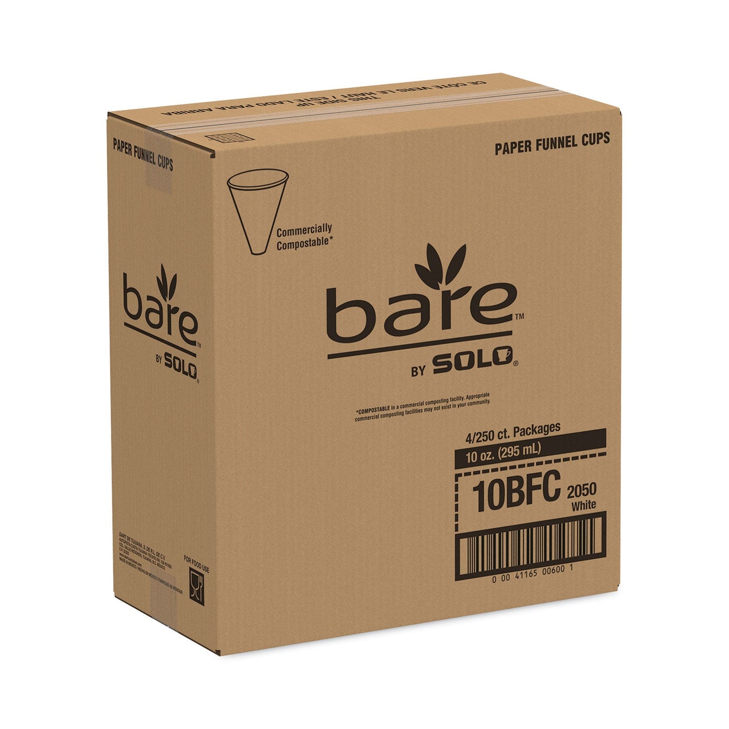 Dart Bare Eco-Forward Treated Paper Funnel Cups, 10 oz, White, 250/Bag, 4 Bags/Carton