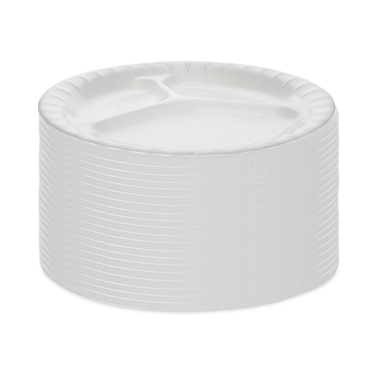 Pactiv Evergreen Placesetter Deluxe Laminated Foam Dinnerware, 3-Compartment Plate, 8.88" dia, White, 500/Carton