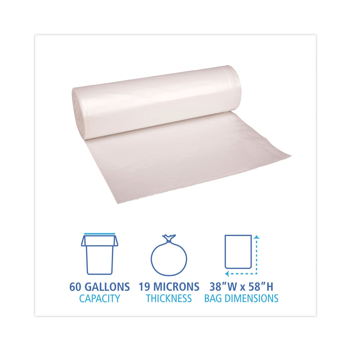 Boardwalk High-Density Can Liners, 60 gal, 19 microns, 38" x 58", Natural, 150/Carton