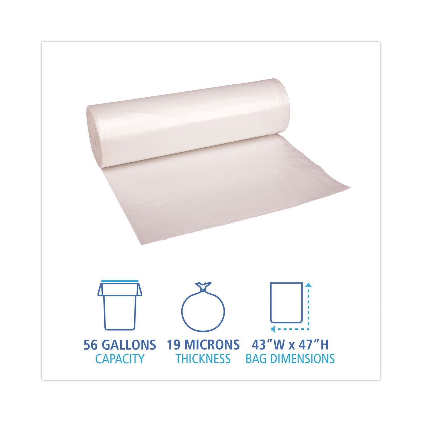 Boardwalk High-Density Can Liners, 56 gal, 19 microns, 43" x 47", Natural, 150/Carton