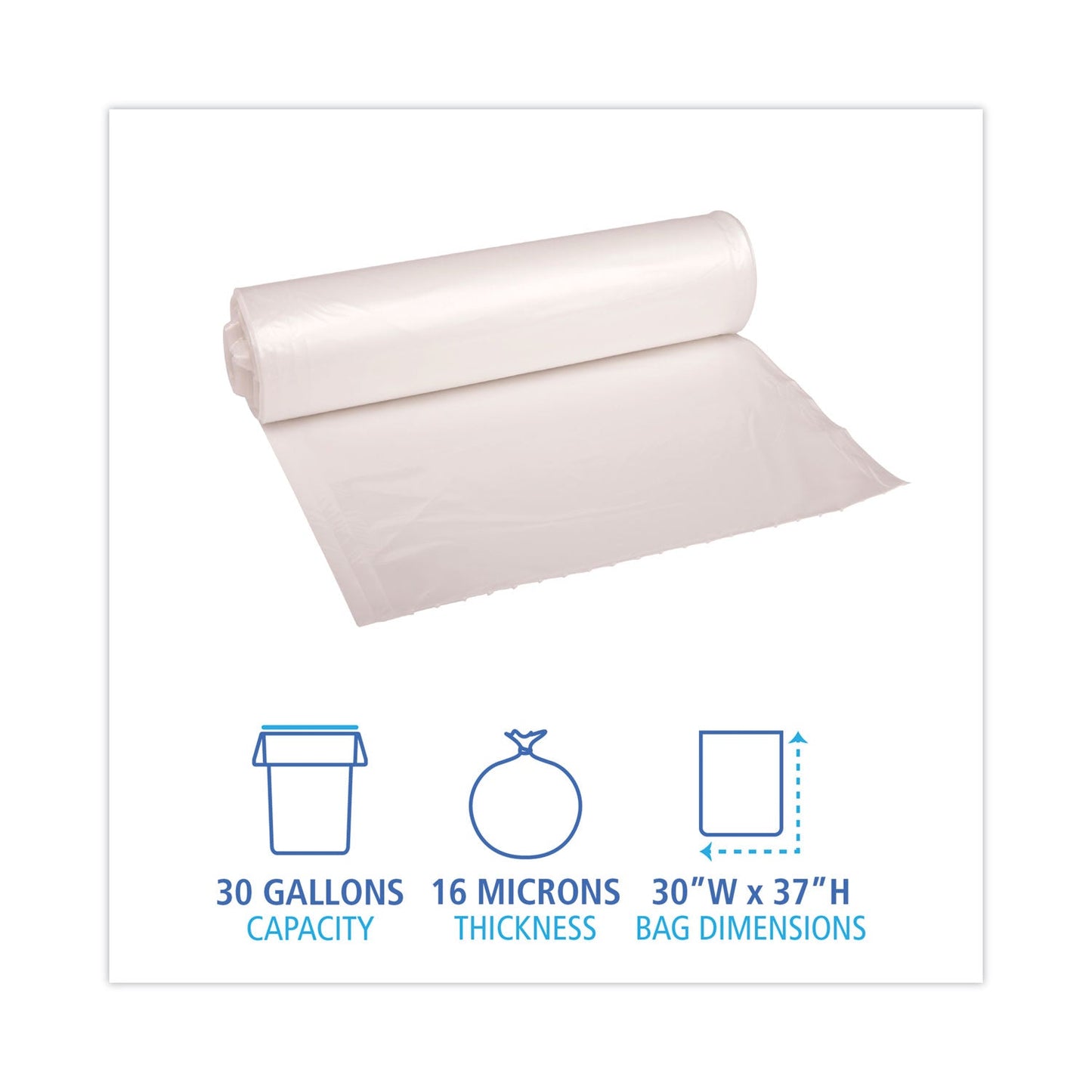 Boardwalk High Density Industrial Can Liners Coreless Rolls, 30 gal, 16 microns, 30 x 37, Natural, 20 Rolls 25 Bags