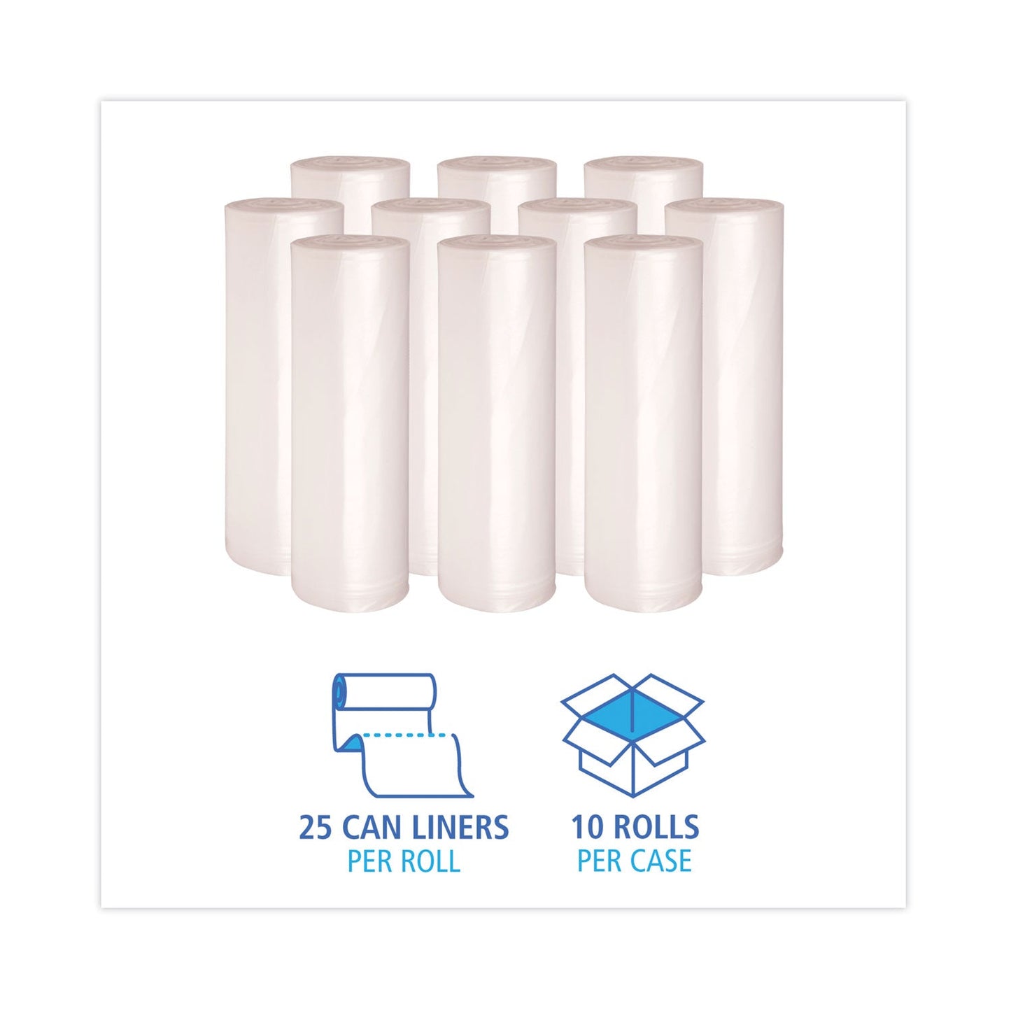 Boardwalk High Density Industrial Can Liners Coreless Rolls, 45 gal, 13 microns, 40 x 48, Natural, 10 Rolls of 25 Bags
