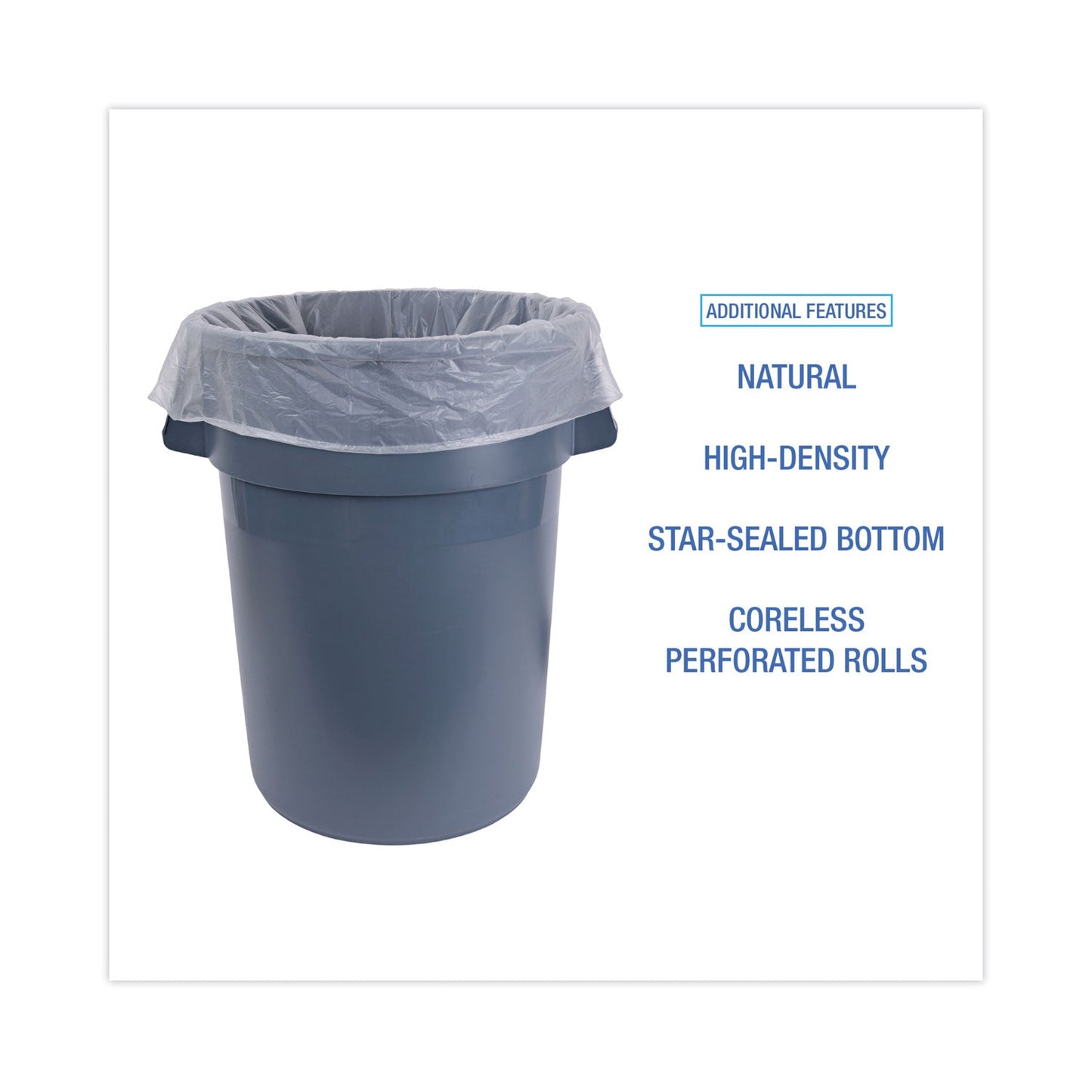 Boardwalk High Density Industrial Can Liners Coreless Rolls, 45 gal, 13 microns, 40 x 48, Natural, 10 Rolls of 25 Bags