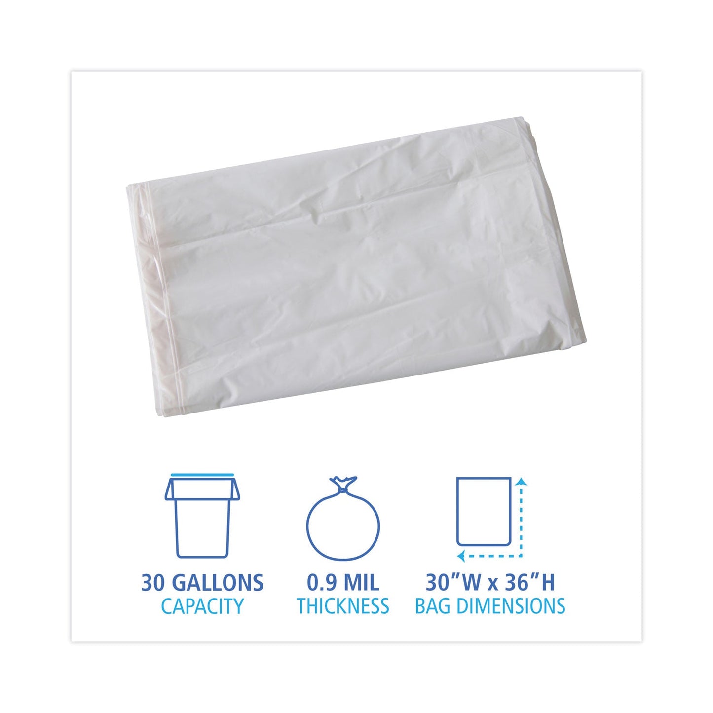 Boardwalk Linear Low Density Industrial Can Liners, 30 gal, 0.9 mil, 30 x 36, White, 100/Carton